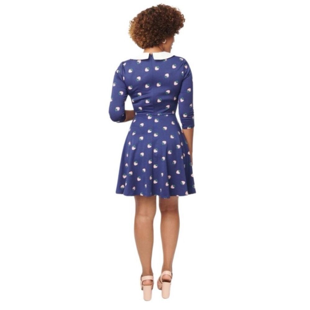 Unique Vintage Retro Inspired 50’s Navy Strawberry Fit & Flare Dress S - Picture 3 of 14